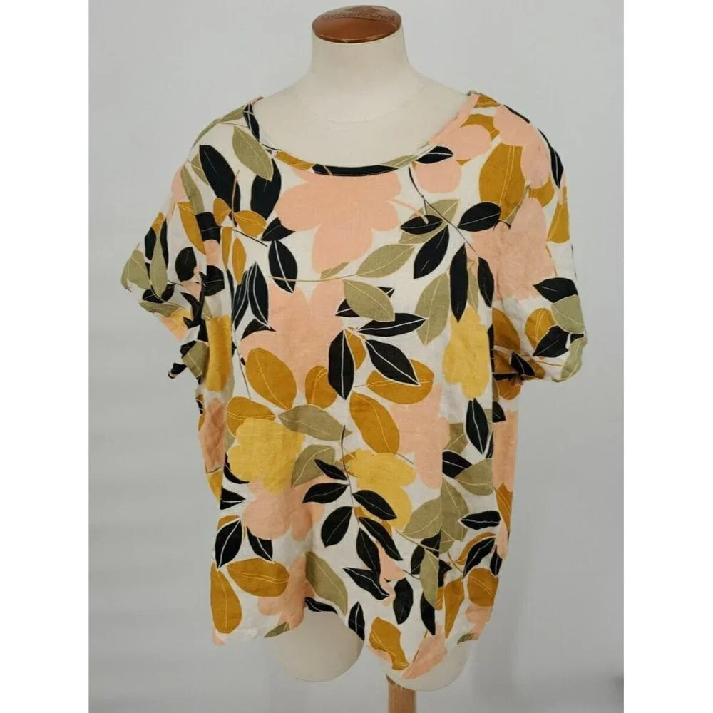 Rachel Zoe Size 1X 100% Linen Tropical Floral Print Short Sleeve Woven Top NWT - Picture 2 of 9